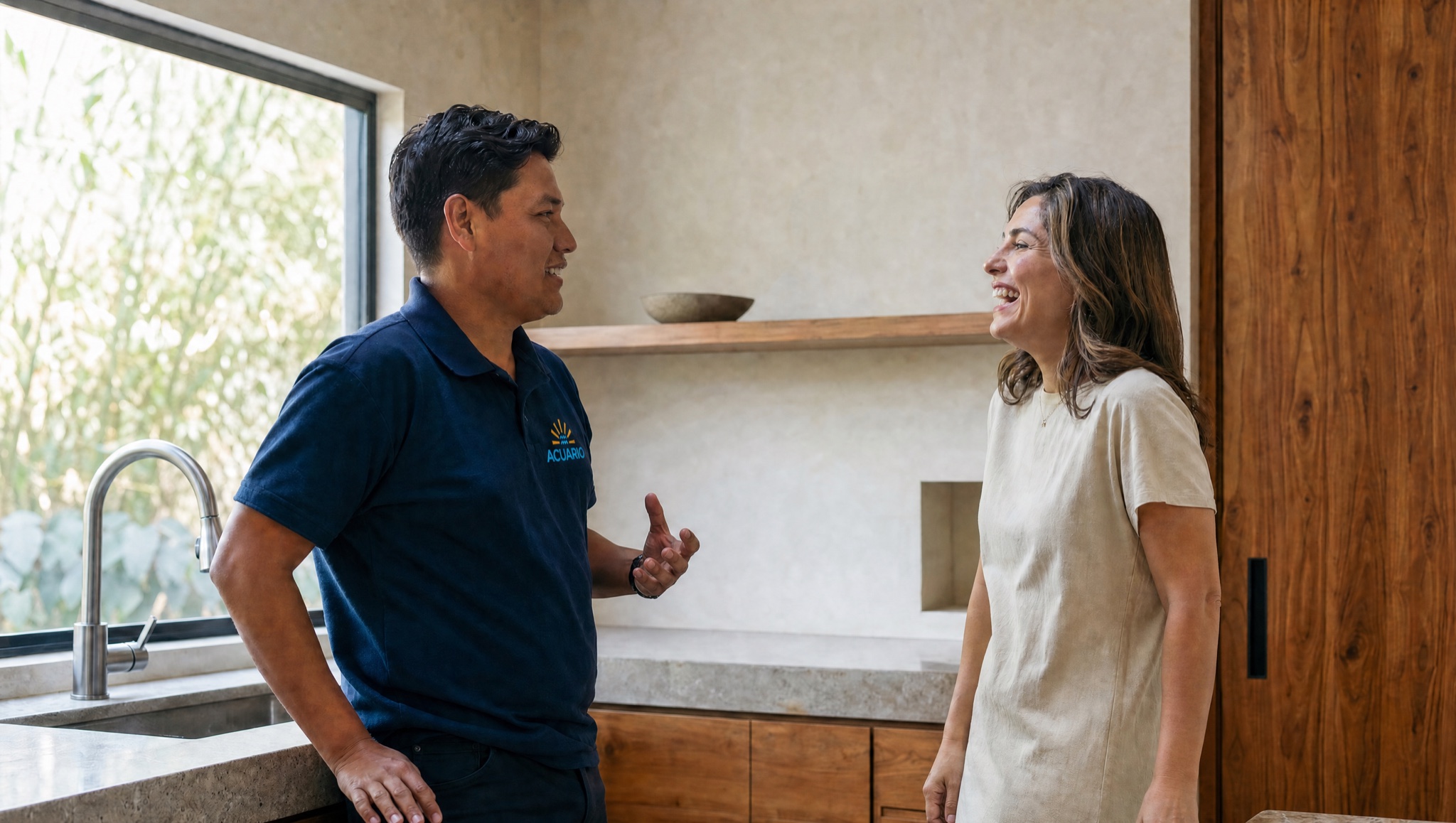 An Acuario technician talking with a homeowner in her kitchen